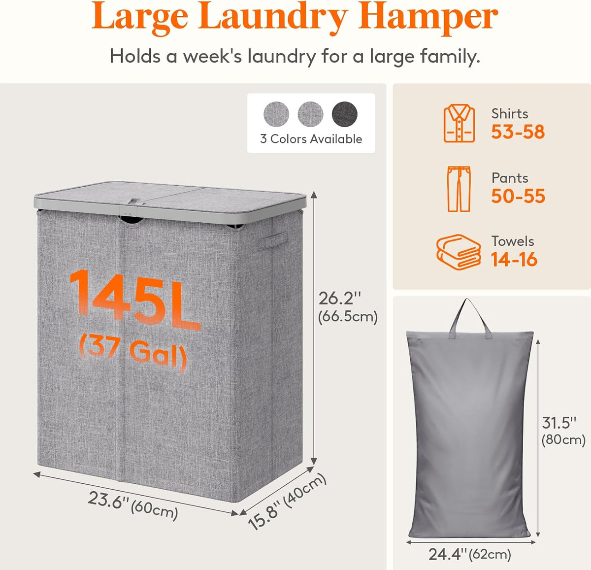 105L Large Laundry Basket with Lid, Laundry Hamper with Plastic Handles and Removable Bag, Foldable Tall Dirty Clothes Hampers for Laundry for Laundry Room, Bedroom, Bathroom, Dorm, Beige