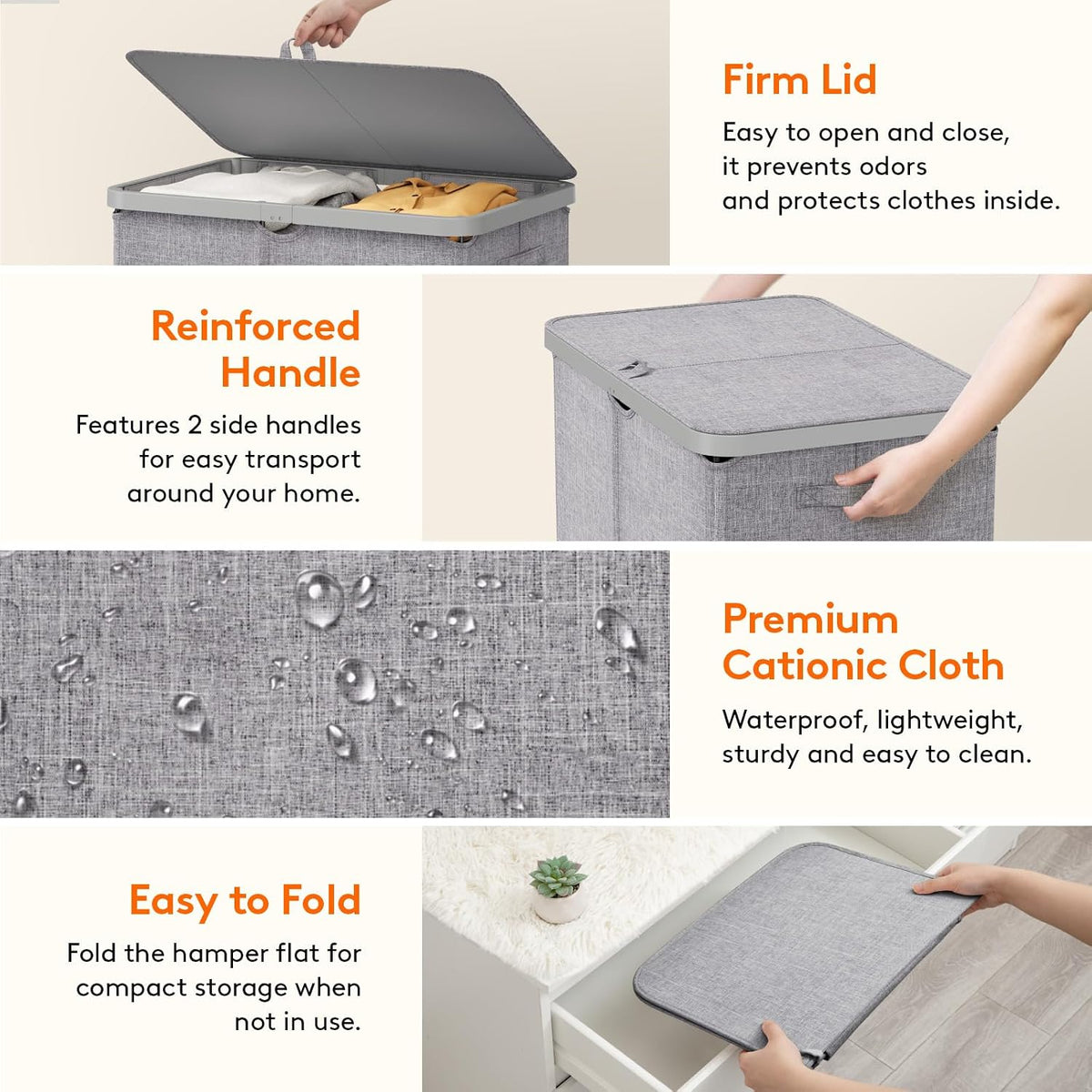 105L Large Laundry Basket with Lid, Laundry Hamper with Plastic Handles and Removable Bag, Foldable Tall Dirty Clothes Hampers for Laundry for Laundry Room, Bedroom, Bathroom, Dorm, Beige