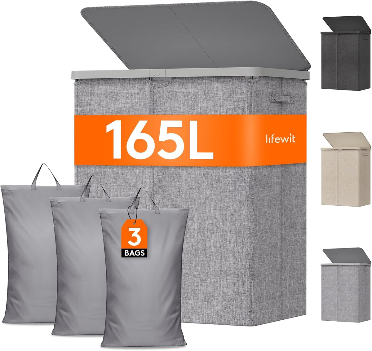 105L Large Laundry Basket with Lid, Laundry Hamper with Plastic Handles and Removable Bag, Foldable Tall Dirty Clothes Hampers for Laundry for Laundry Room, Bedroom, Bathroom, Dorm, Beige