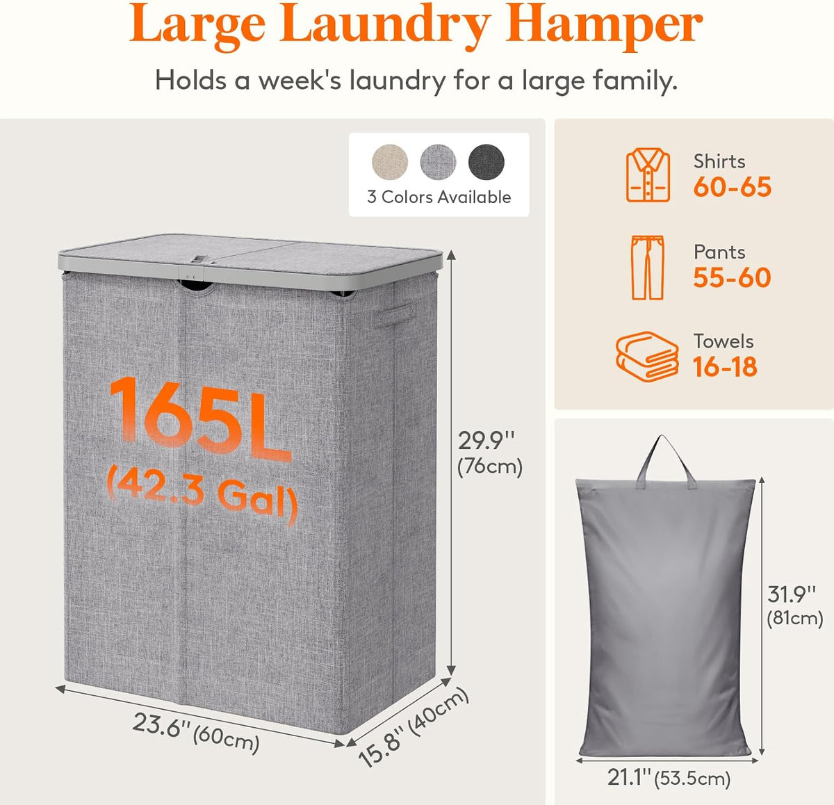105L Large Laundry Basket with Lid, Laundry Hamper with Plastic Handles and Removable Bag, Foldable Tall Dirty Clothes Hampers for Laundry for Laundry Room, Bedroom, Bathroom, Dorm, Beige