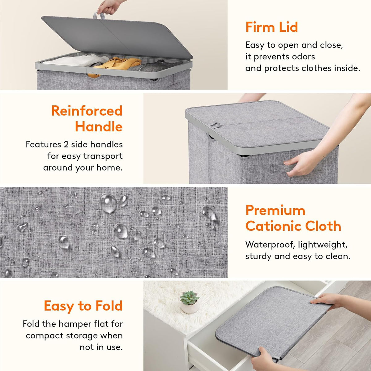 105L Large Laundry Basket with Lid, Laundry Hamper with Plastic Handles and Removable Bag, Foldable Tall Dirty Clothes Hampers for Laundry for Laundry Room, Bedroom, Bathroom, Dorm, Beige