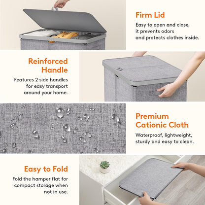105L Large Laundry Basket with Lid, Laundry Hamper with Plastic Handles and Removable Bag, Foldable Tall Dirty Clothes Hampers for Laundry for Laundry Room, Bedroom, Bathroom, Dorm, Beige