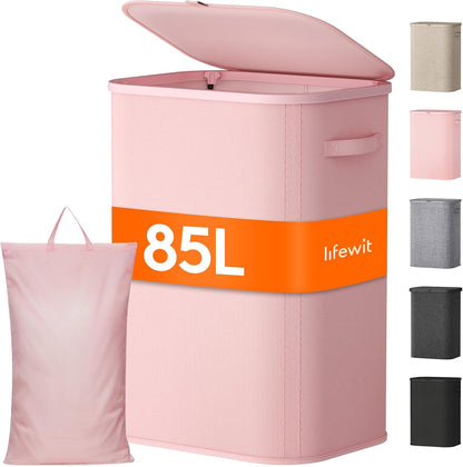 105L Large Laundry Basket with Lid, Laundry Hamper with Plastic Handles and Removable Bag, Foldable Tall Dirty Clothes Hampers for Laundry for Laundry Room, Bedroom, Bathroom, Dorm, Beige