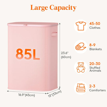 105L Large Laundry Basket with Lid, Laundry Hamper with Plastic Handles and Removable Bag, Foldable Tall Dirty Clothes Hampers for Laundry for Laundry Room, Bedroom, Bathroom, Dorm, Beige