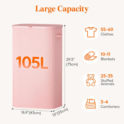 105L Large Laundry Basket with Lid, Laundry Hamper with Plastic Handles and Removable Bag, Foldable Tall Dirty Clothes Hampers for Laundry for Laundry Room, Bedroom, Bathroom, Dorm, Beige
