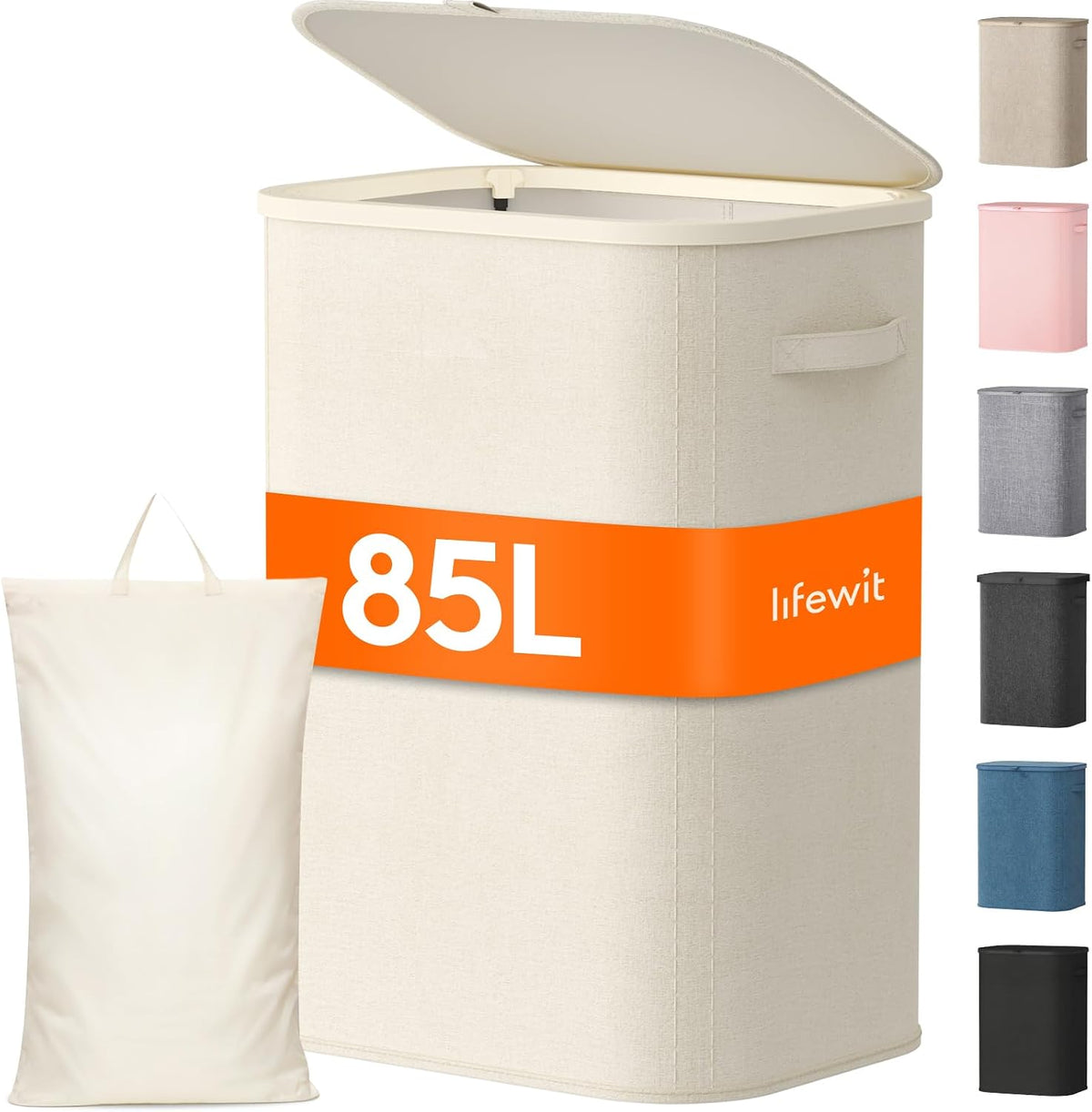 105L Large Laundry Basket with Lid, Laundry Hamper with Plastic Handles and Removable Bag, Foldable Tall Dirty Clothes Hampers for Laundry for Laundry Room, Bedroom, Bathroom, Dorm, Beige