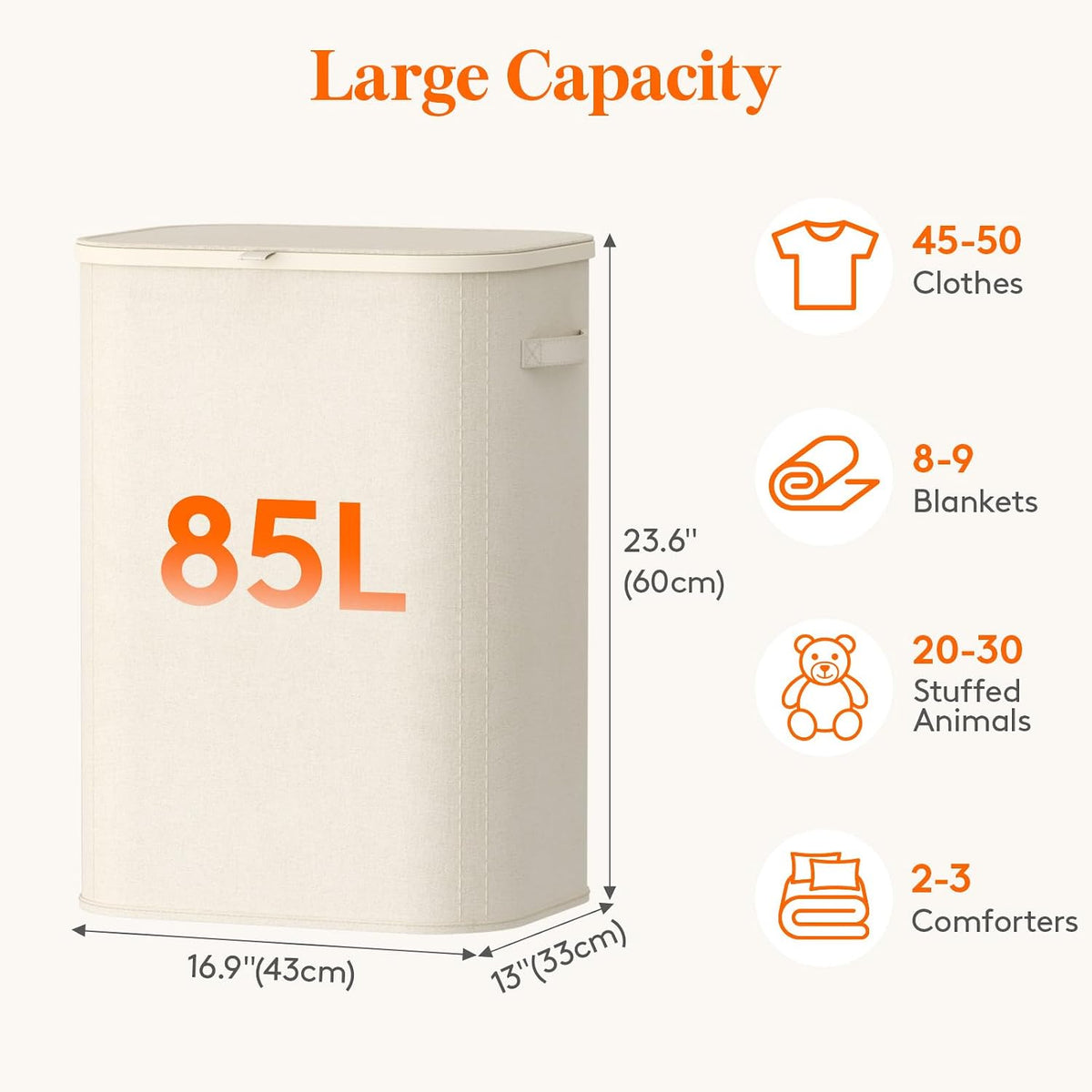 105L Large Laundry Basket with Lid, Laundry Hamper with Plastic Handles and Removable Bag, Foldable Tall Dirty Clothes Hampers for Laundry for Laundry Room, Bedroom, Bathroom, Dorm, Beige