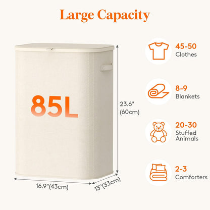 105L Large Laundry Basket with Lid, Laundry Hamper with Plastic Handles and Removable Bag, Foldable Tall Dirty Clothes Hampers for Laundry for Laundry Room, Bedroom, Bathroom, Dorm, Beige