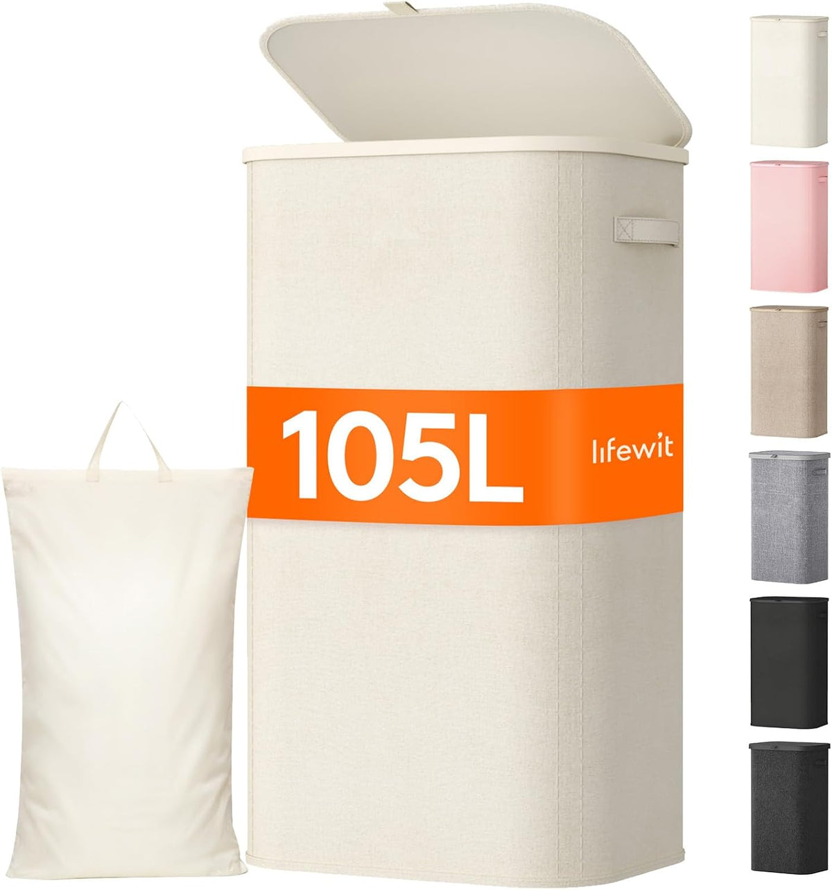 105L Large Laundry Basket with Lid, Laundry Hamper with Plastic Handles and Removable Bag, Foldable Tall Dirty Clothes Hampers for Laundry for Laundry Room, Bedroom, Bathroom, Dorm, Beige