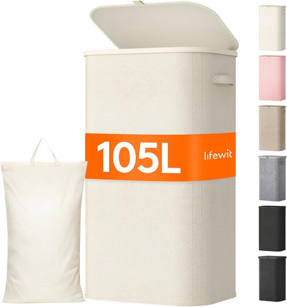 105L Large Laundry Basket with Lid, Laundry Hamper with Plastic Handles and Removable Bag, Foldable Tall Dirty Clothes Hampers for Laundry for Laundry Room, Bedroom, Bathroom, Dorm, Beige
