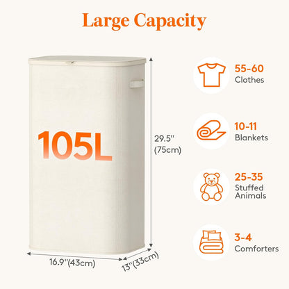 105L Large Laundry Basket with Lid, Laundry Hamper with Plastic Handles and Removable Bag, Foldable Tall Dirty Clothes Hampers for Laundry for Laundry Room, Bedroom, Bathroom, Dorm, Beige