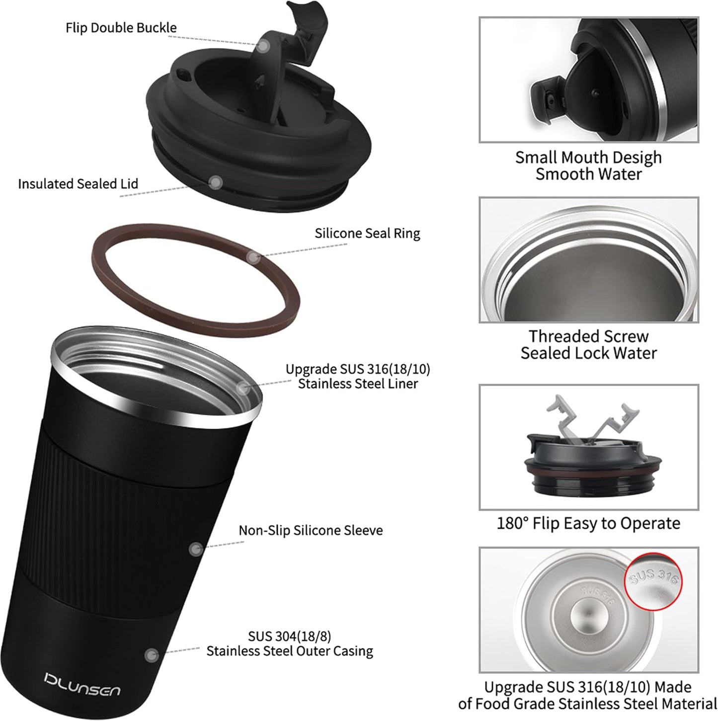 Travel Mug, 14oz Insulated Tumbler with Ceramic Coating, Vacuum Double Walled Insulation, Leakproof Lid, Thermal Mug for Coffee, Black