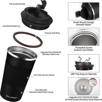 Travel Mug, 14oz Insulated Tumbler with Ceramic Coating, Vacuum Double Walled Insulation, Leakproof Lid, Thermal Mug for Coffee, Black