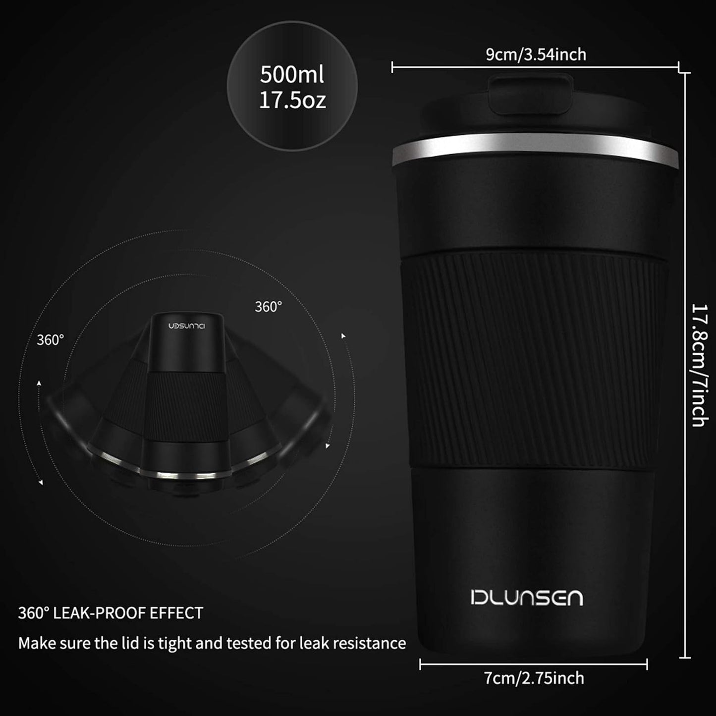 Travel Mug, 14oz Insulated Tumbler with Ceramic Coating, Vacuum Double Walled Insulation, Leakproof Lid, Thermal Mug for Coffee, Black