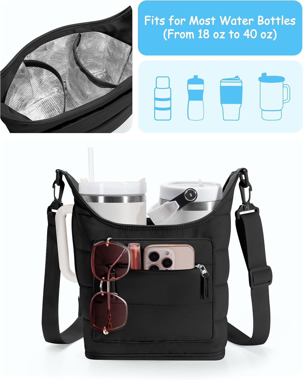 Water Bottle Holder for 2 Cups, Water Bottle Sling Bag with Strap | Tumbler Carrier Bag fits 18-40oz Cups, Water-resistant Aluminum Foil Lining, Ideal for Walking, Hiking, Camping