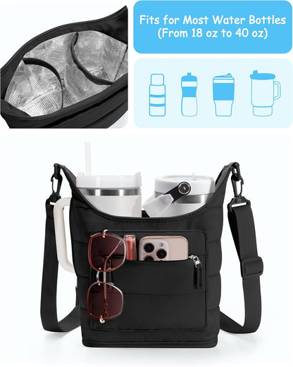 Water Bottle Holder for 2 Cups, Water Bottle Sling Bag with Strap | Tumbler Carrier Bag fits 18-40oz Cups, Water-resistant Aluminum Foil Lining, Ideal for Walking, Hiking, Camping
