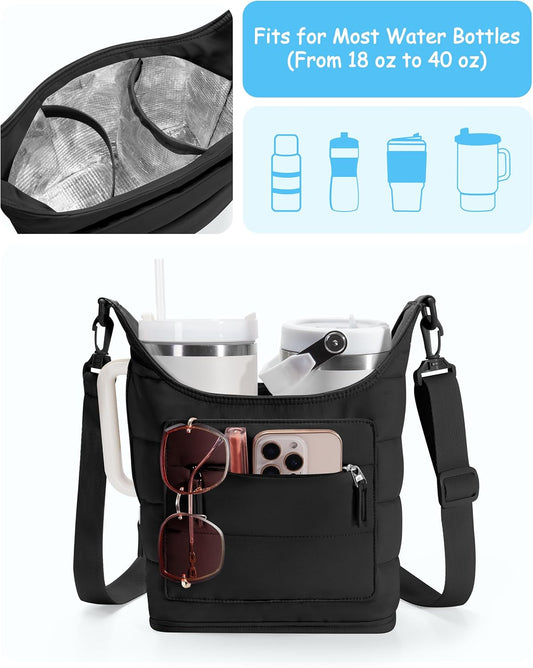 Water Bottle Holder for 2 Cups, Water Bottle Sling Bag with Strap | Tumbler Carrier Bag fits 18-40oz Cups, Water-resistant Aluminum Foil Lining, Ideal for Walking, Hiking, Camping