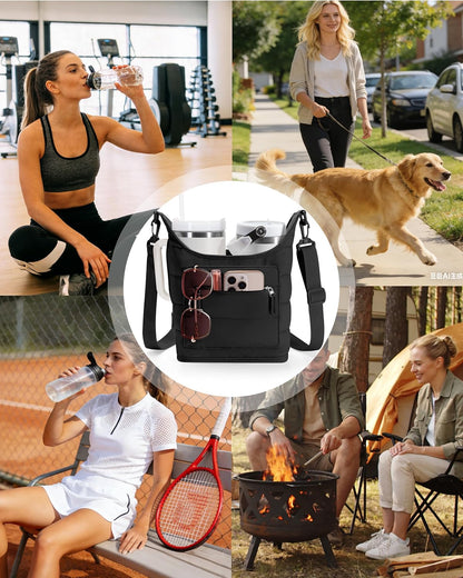 Water Bottle Holder for 2 Cups, Water Bottle Sling Bag with Strap | Tumbler Carrier Bag fits 18-40oz Cups, Water-resistant Aluminum Foil Lining, Ideal for Walking, Hiking, Camping