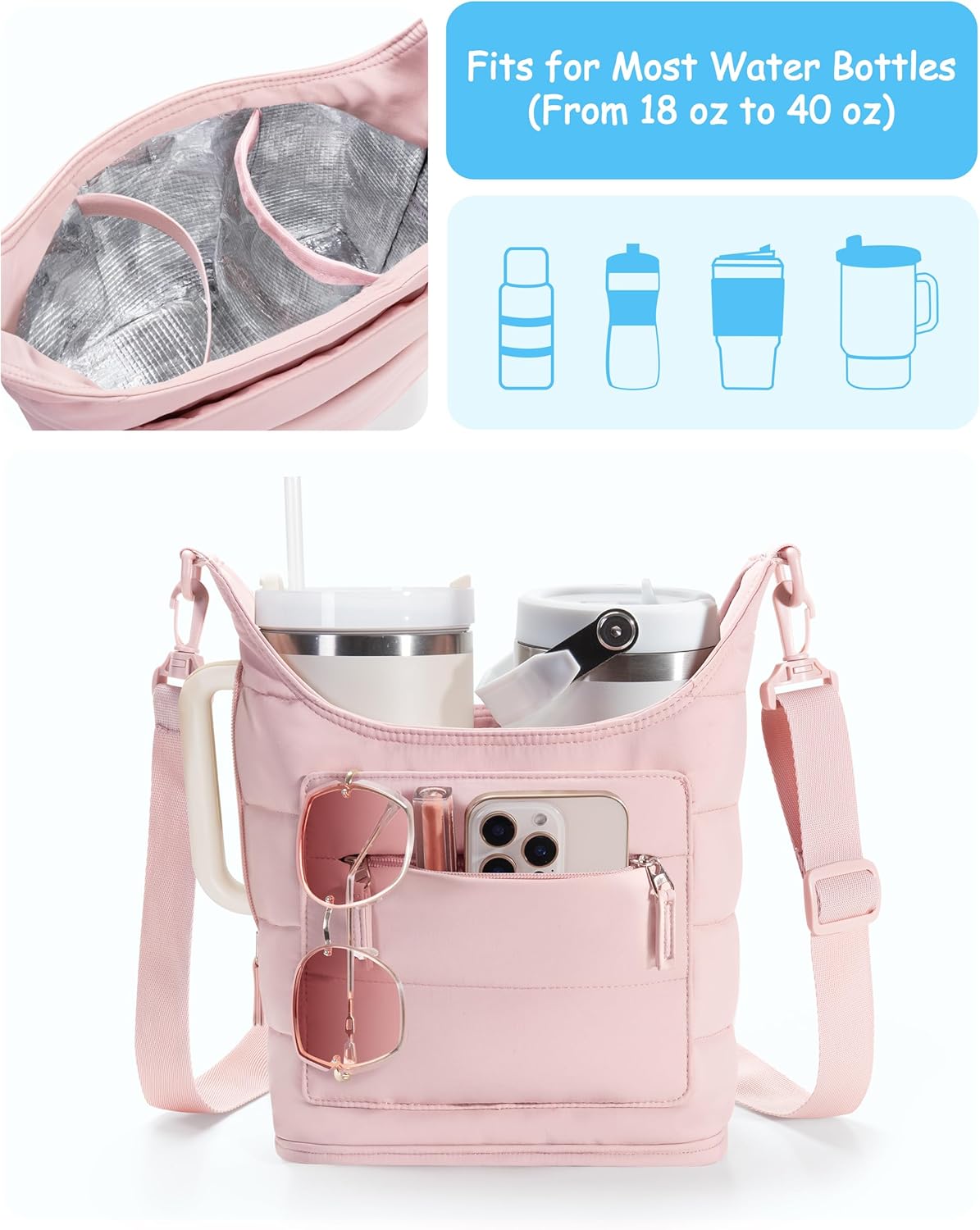 Water Bottle Holder for 2 Cups, Water Bottle Sling Bag with Strap | Tumbler Carrier Bag fits 18-40oz Cups, Water-resistant Aluminum Foil Lining, Ideal for Walking, Hiking, Camping