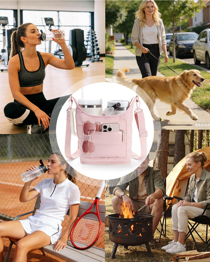 Water Bottle Holder for 2 Cups, Water Bottle Sling Bag with Strap | Tumbler Carrier Bag fits 18-40oz Cups, Water-resistant Aluminum Foil Lining, Ideal for Walking, Hiking, Camping