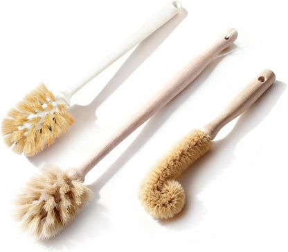 Bottle Brush & Dish Scrubber Set (3 Pack) - Kitchen Cleaning Kit with L-Shape Bottle Cleaner, Round Pan Brush & Detail Scrubber - Multi-Use for Bottles, Pots, Pans & Glassware