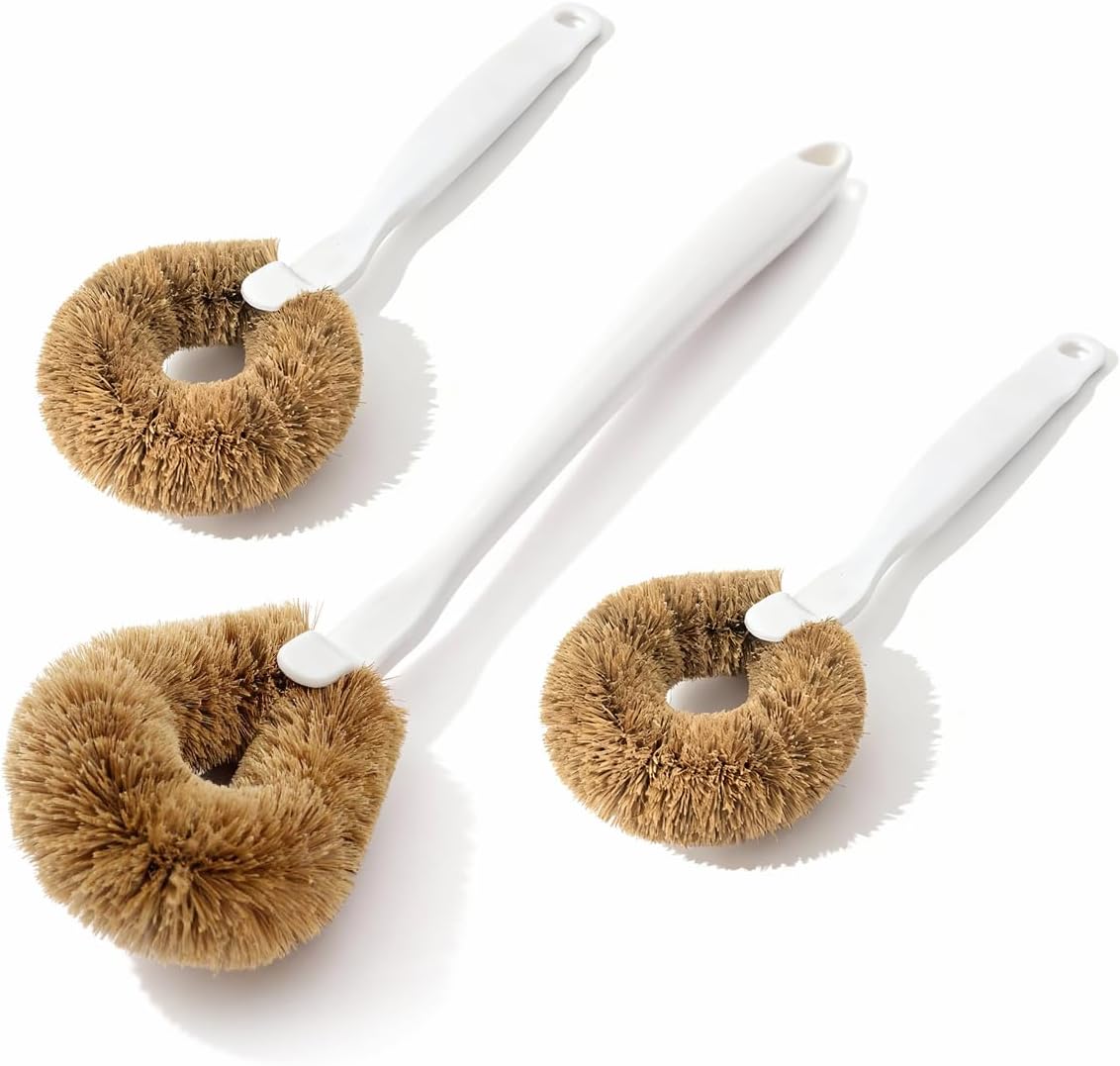 Bottle Brush & Dish Scrubber Set (3 Pack) - Kitchen Cleaning Kit with L-Shape Bottle Cleaner, Round Pan Brush & Detail Scrubber - Multi-Use for Bottles, Pots, Pans & Glassware