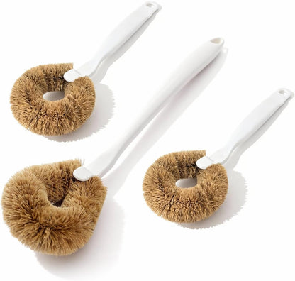 Bottle Brush & Dish Scrubber Set (3 Pack) - Kitchen Cleaning Kit with L-Shape Bottle Cleaner, Round Pan Brush & Detail Scrubber - Multi-Use for Bottles, Pots, Pans & Glassware