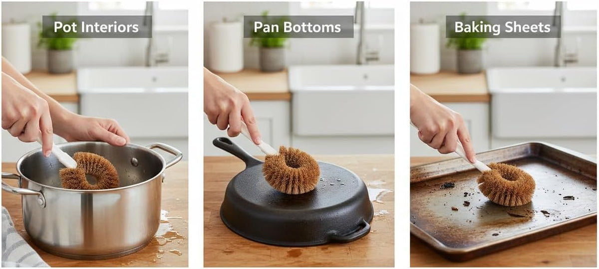 Bottle Brush & Dish Scrubber Set (3 Pack) - Kitchen Cleaning Kit with L-Shape Bottle Cleaner, Round Pan Brush & Detail Scrubber - Multi-Use for Bottles, Pots, Pans & Glassware