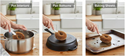 Bottle Brush & Dish Scrubber Set (3 Pack) - Kitchen Cleaning Kit with L-Shape Bottle Cleaner, Round Pan Brush & Detail Scrubber - Multi-Use for Bottles, Pots, Pans & Glassware