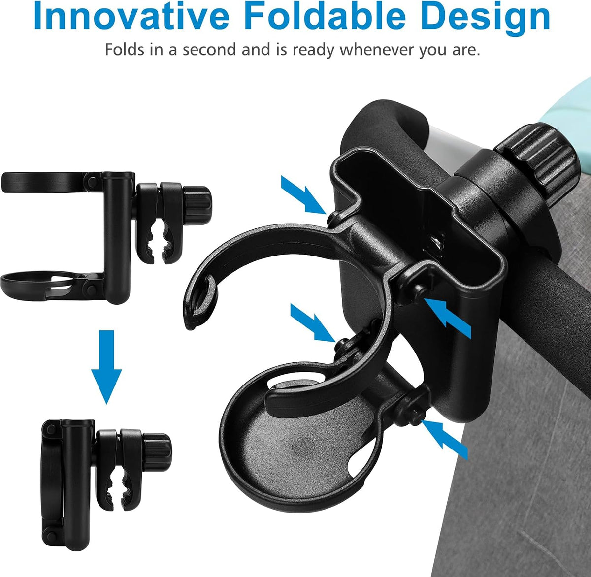 Stroller Cup Holder with Phone Holder, Foldable Universal Cup Holder, 360 ° Rotatable Bottle Holder for Stroller, Bike, Wheelchair, Walker, Scooter