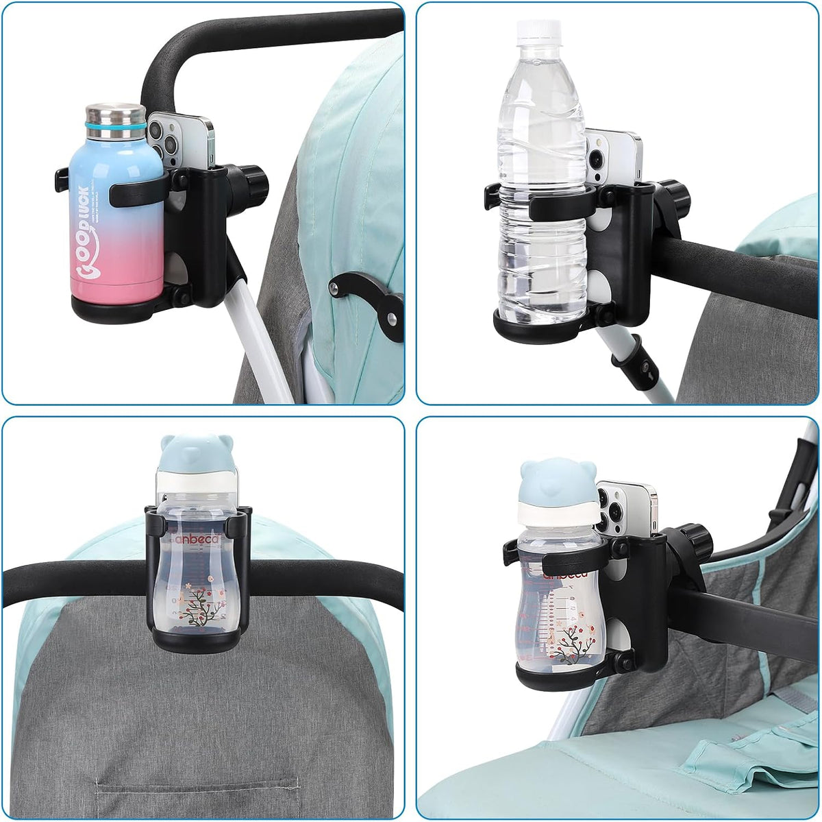 Stroller Cup Holder with Phone Holder, Foldable Universal Cup Holder, 360 ° Rotatable Bottle Holder for Stroller, Bike, Wheelchair, Walker, Scooter