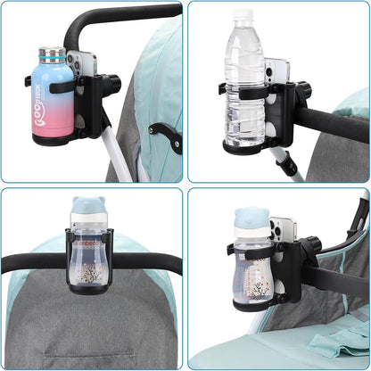 Stroller Cup Holder with Phone Holder, Foldable Universal Cup Holder, 360 ° Rotatable Bottle Holder for Stroller, Bike, Wheelchair, Walker, Scooter