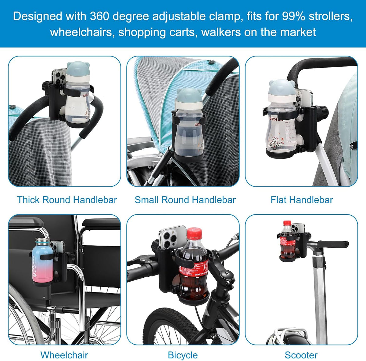 Stroller Cup Holder with Phone Holder, Foldable Universal Cup Holder, 360 ° Rotatable Bottle Holder for Stroller, Bike, Wheelchair, Walker, Scooter