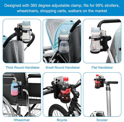 Stroller Cup Holder with Phone Holder, Foldable Universal Cup Holder, 360 ° Rotatable Bottle Holder for Stroller, Bike, Wheelchair, Walker, Scooter
