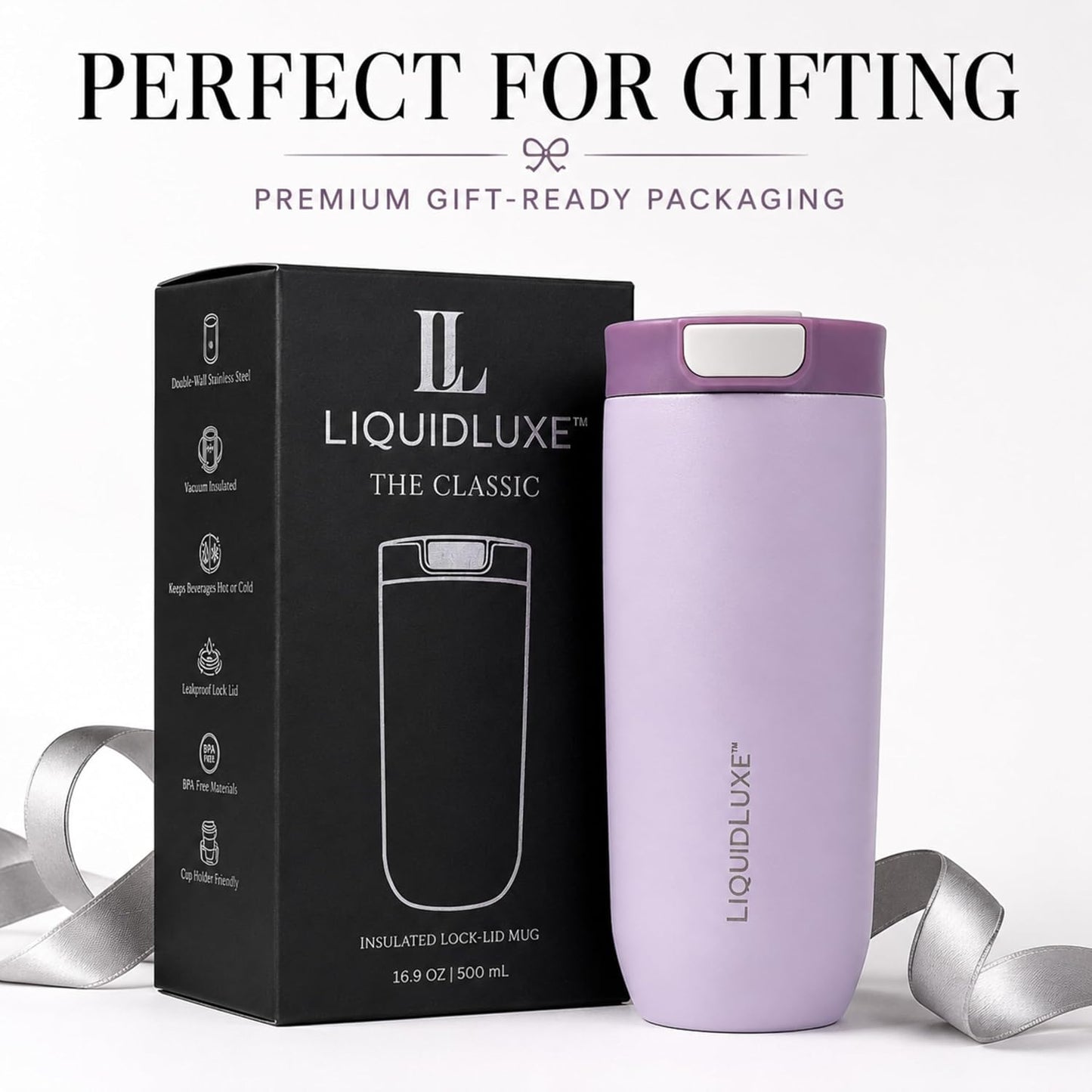 THE CLASSIC Vacuum Insulated Stainless Steel Travel Mug, Leakproof Locking Lid, Double-Wall Insulation, BPA-Free Coffee Mug for Hot & Cold Drinks, 500 mL (Matte Black)