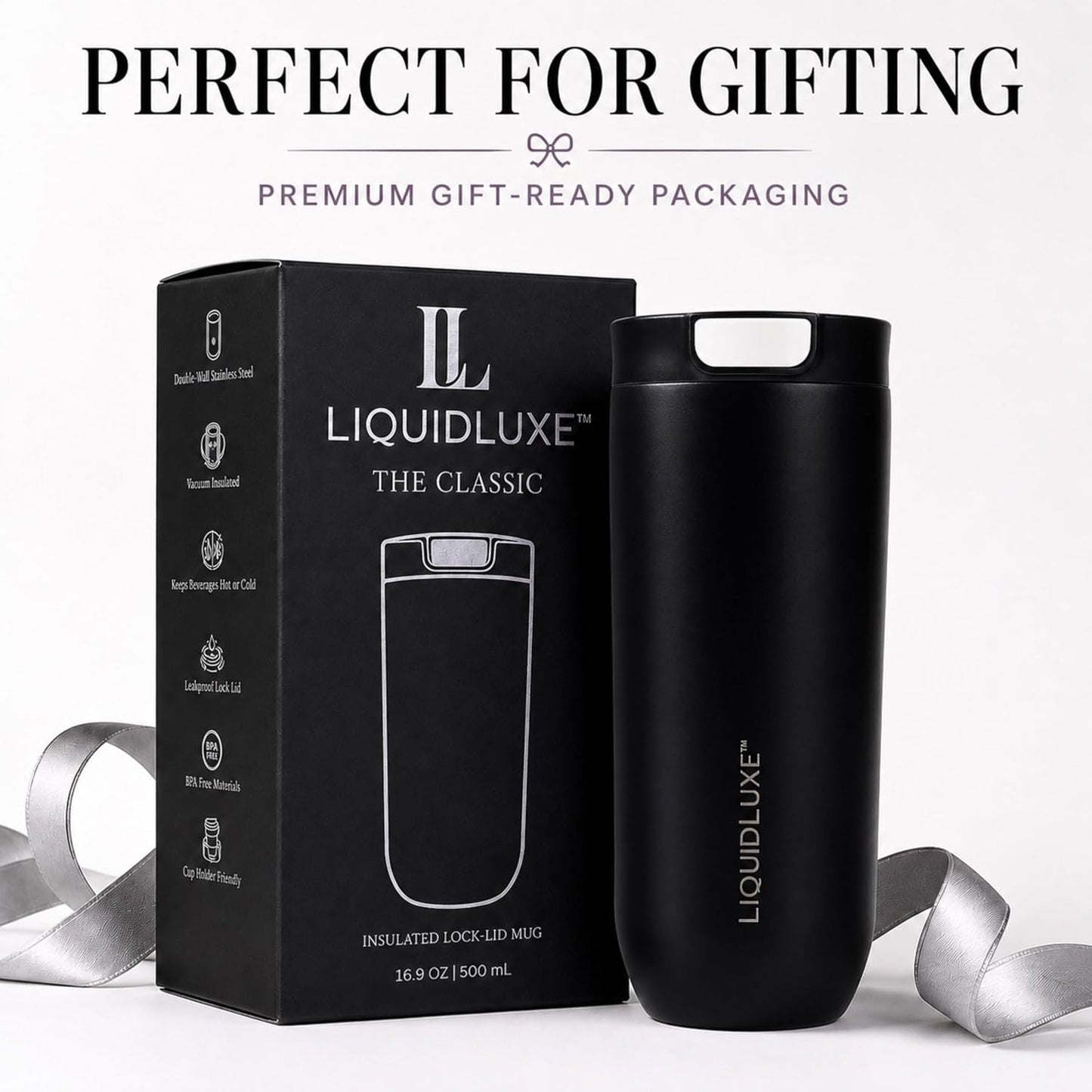 THE CLASSIC Vacuum Insulated Stainless Steel Travel Mug, Leakproof Locking Lid, Double-Wall Insulation, BPA-Free Coffee Mug for Hot & Cold Drinks, 500 mL (Matte Black)
