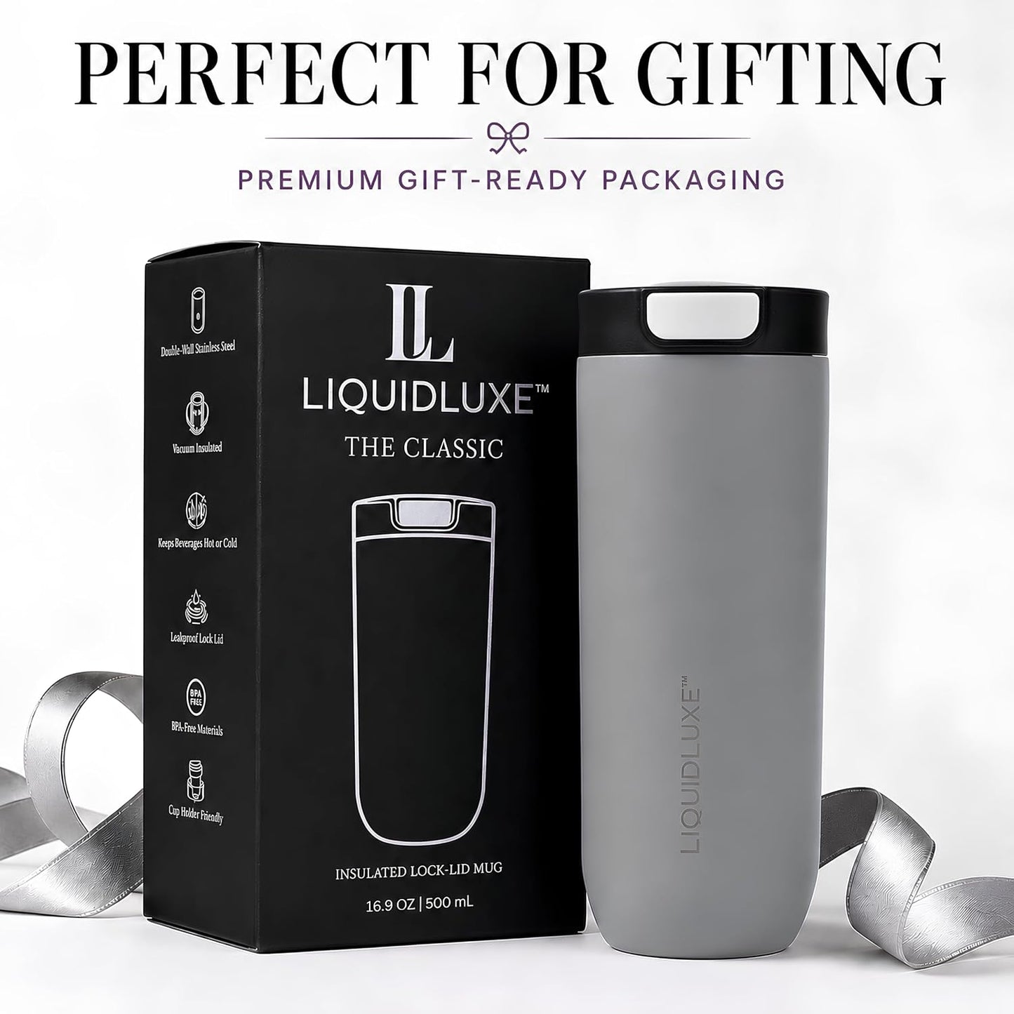 THE CLASSIC Vacuum Insulated Stainless Steel Travel Mug, Leakproof Locking Lid, Double-Wall Insulation, BPA-Free Coffee Mug for Hot & Cold Drinks, 500 mL (Matte Black)