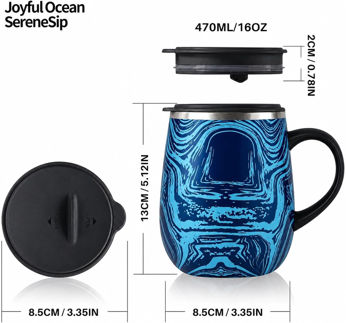 SereneSip 16oz Insulated Coffee Mug with Sliding Lid | Vacuum Sealed Stainless Steel Tumbler | BPA-Free, No Sweat Office Cup (Black)