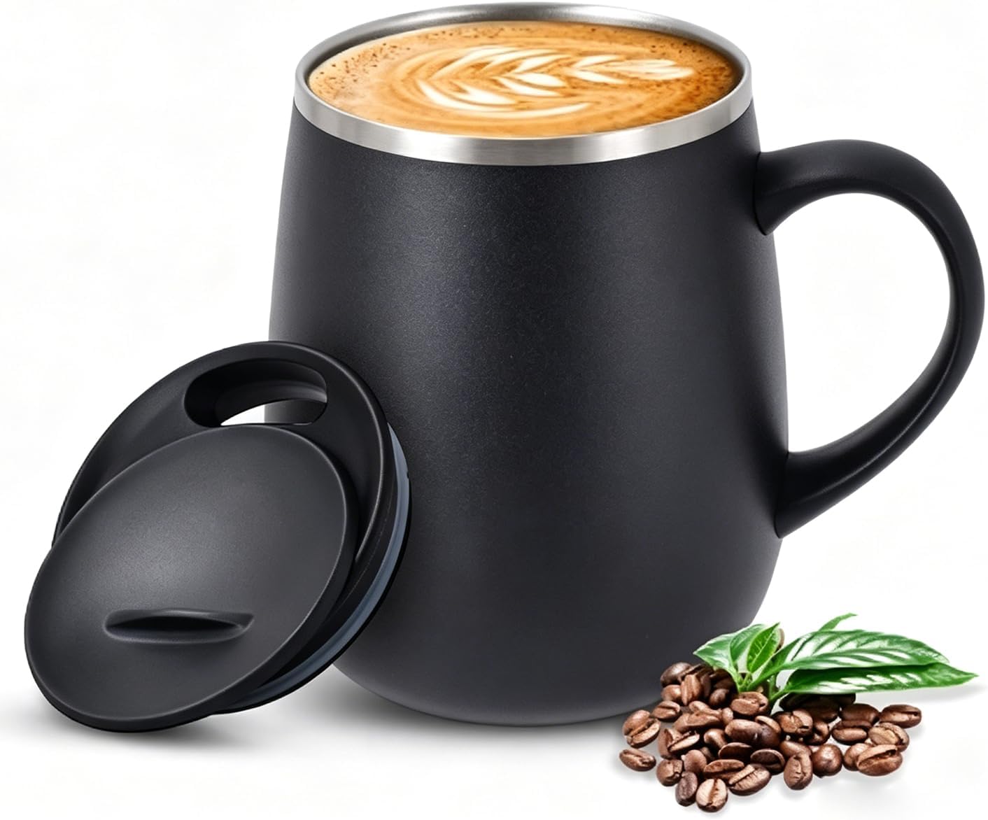 SereneSip 16oz Insulated Coffee Mug with Sliding Lid | Vacuum Sealed Stainless Steel Tumbler | BPA-Free, No Sweat Office Cup (Black)