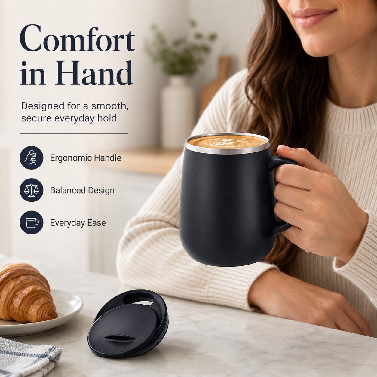 SereneSip 16oz Insulated Coffee Mug with Sliding Lid | Vacuum Sealed Stainless Steel Tumbler | BPA-Free, No Sweat Office Cup (Black)
