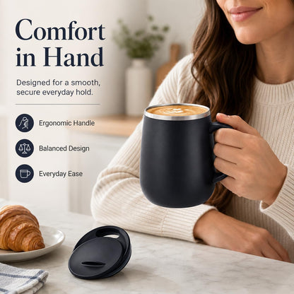 SereneSip 16oz Insulated Coffee Mug with Sliding Lid | Vacuum Sealed Stainless Steel Tumbler | BPA-Free, No Sweat Office Cup (Black)