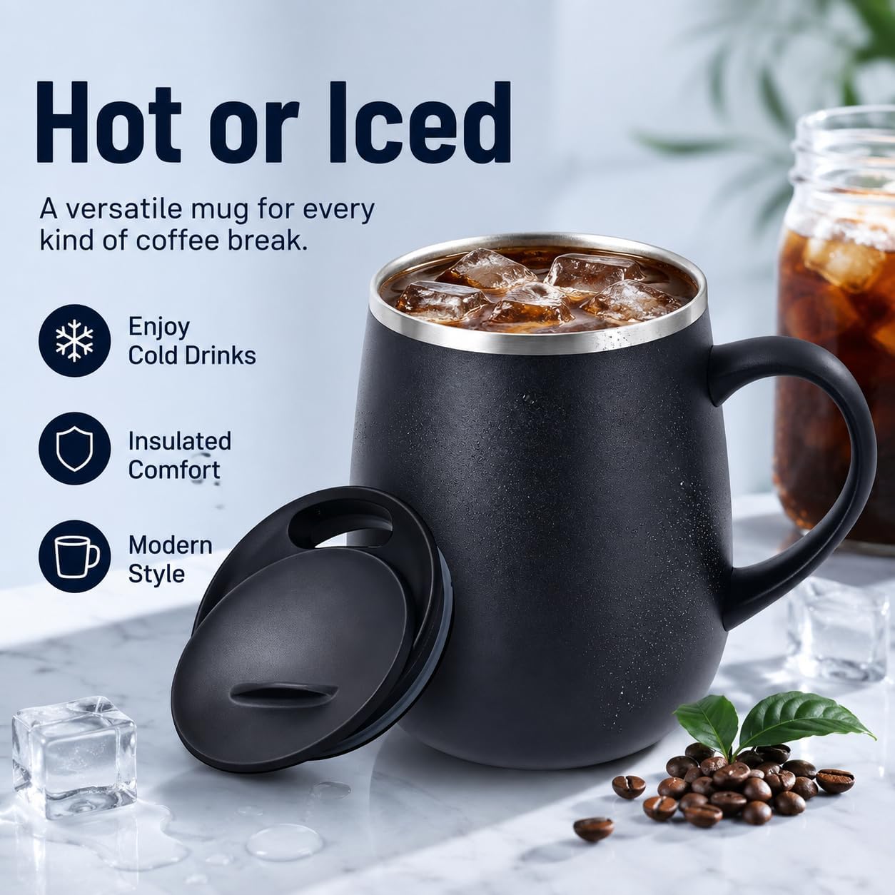 SereneSip 16oz Insulated Coffee Mug with Sliding Lid | Vacuum Sealed Stainless Steel Tumbler | BPA-Free, No Sweat Office Cup (Black)