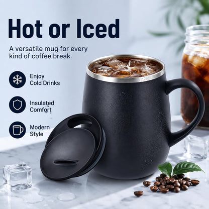 SereneSip 16oz Insulated Coffee Mug with Sliding Lid | Vacuum Sealed Stainless Steel Tumbler | BPA-Free, No Sweat Office Cup (Black)