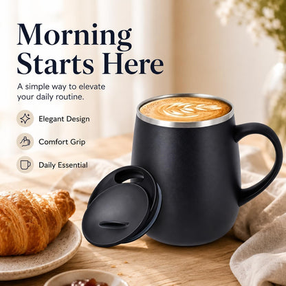 SereneSip 16oz Insulated Coffee Mug with Sliding Lid | Vacuum Sealed Stainless Steel Tumbler | BPA-Free, No Sweat Office Cup (Black)