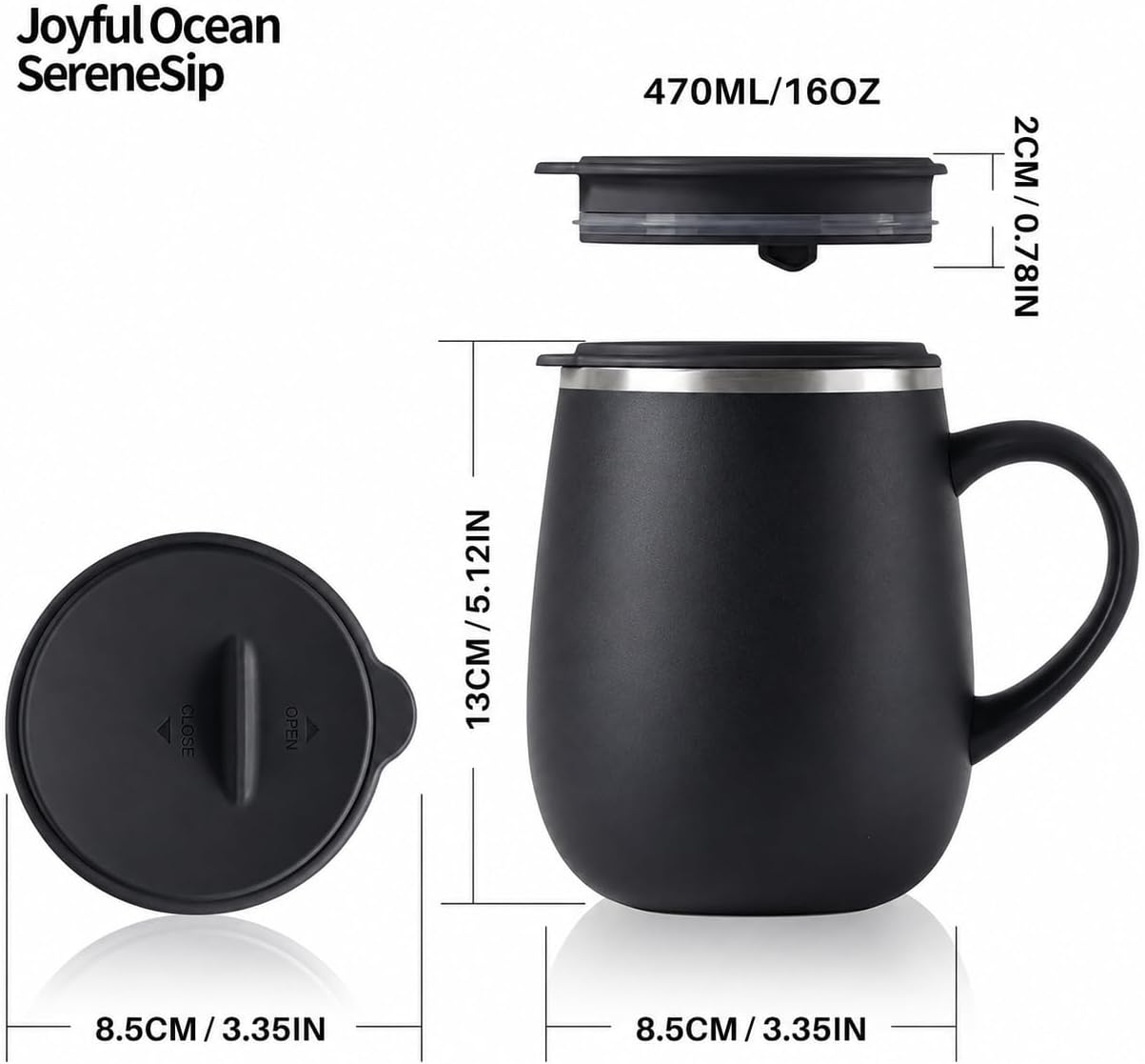 SereneSip 16oz Insulated Coffee Mug with Sliding Lid | Vacuum Sealed Stainless Steel Tumbler | BPA-Free, No Sweat Office Cup (Black)