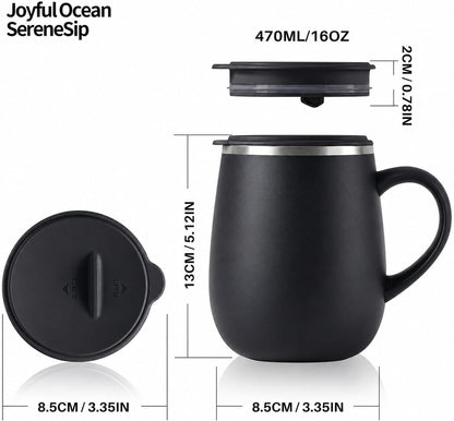 SereneSip 16oz Insulated Coffee Mug with Sliding Lid | Vacuum Sealed Stainless Steel Tumbler | BPA-Free, No Sweat Office Cup (Black)