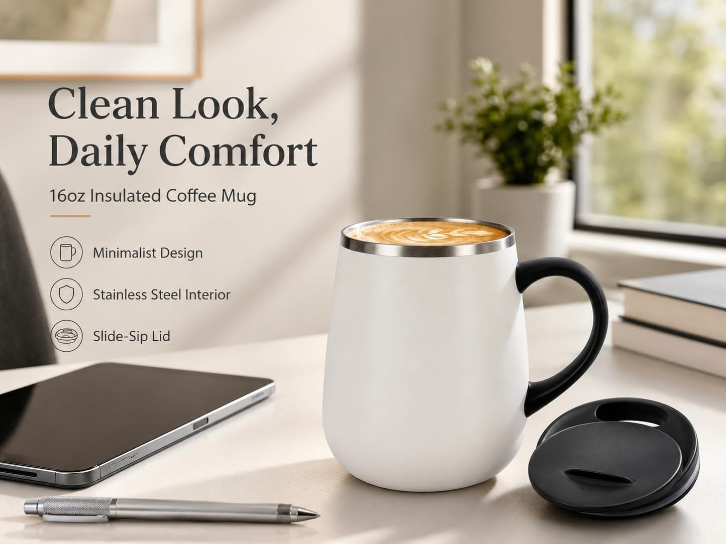 SereneSip 16oz Insulated Coffee Mug with Sliding Lid | Vacuum Sealed Stainless Steel Tumbler | BPA-Free, No Sweat Office Cup (Black)