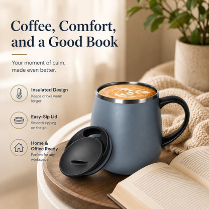 SereneSip 16oz Insulated Coffee Mug with Sliding Lid | Vacuum Sealed Stainless Steel Tumbler | BPA-Free, No Sweat Office Cup (Black)