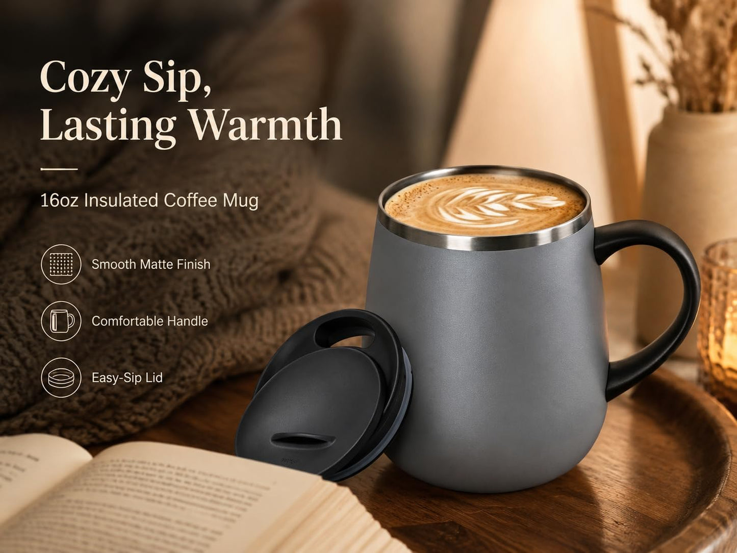 SereneSip 16oz Insulated Coffee Mug with Sliding Lid | Vacuum Sealed Stainless Steel Tumbler | BPA-Free, No Sweat Office Cup (Black)