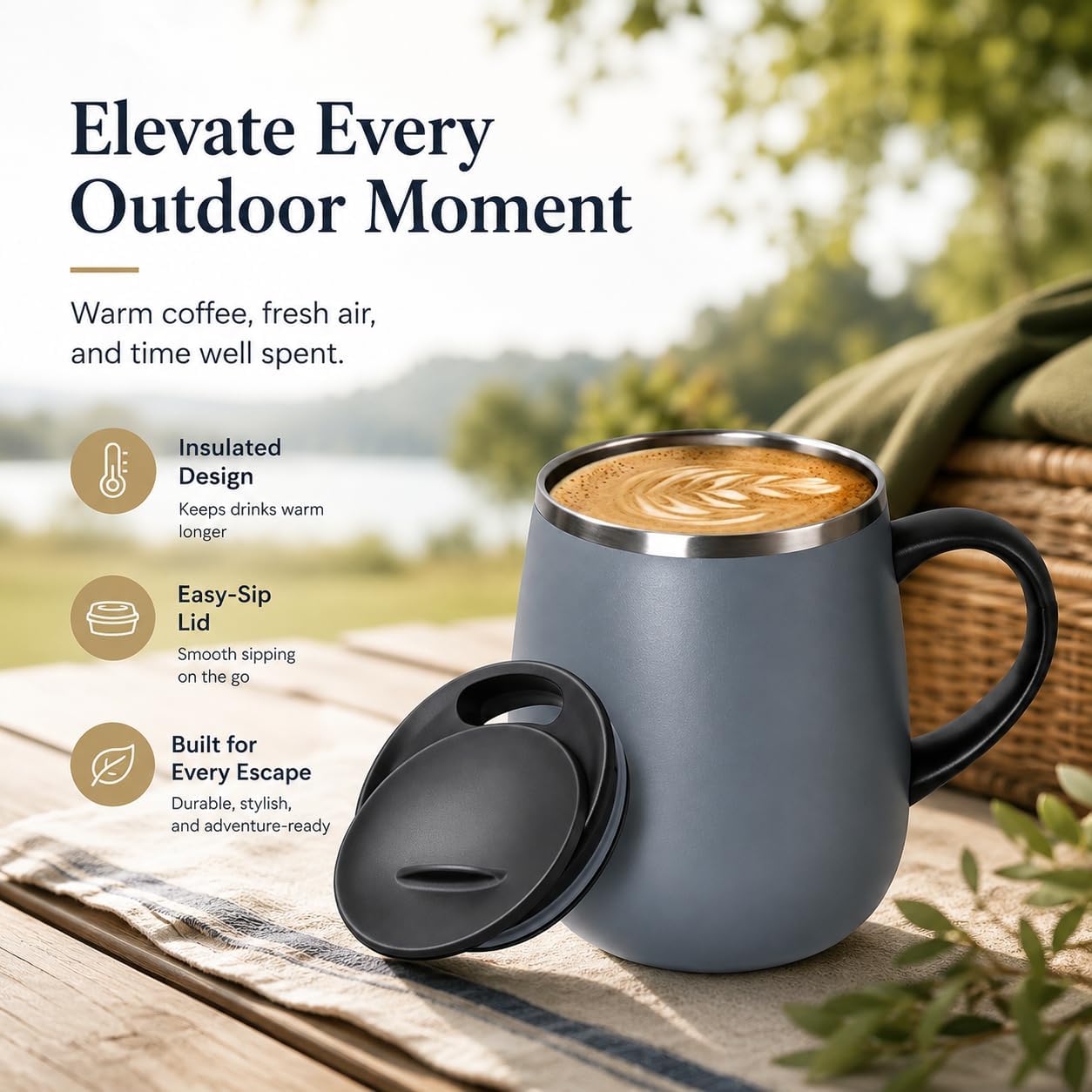 SereneSip 16oz Insulated Coffee Mug with Sliding Lid | Vacuum Sealed Stainless Steel Tumbler | BPA-Free, No Sweat Office Cup (Black)